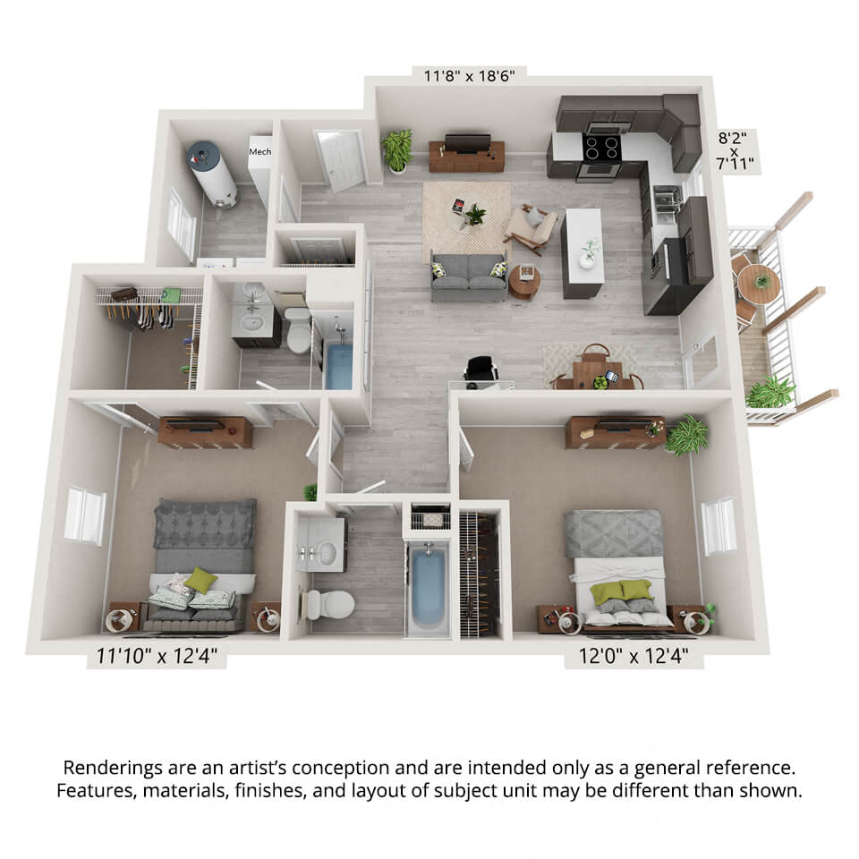 Floor plan for 2 beds, 2 baths, 1104 sqft